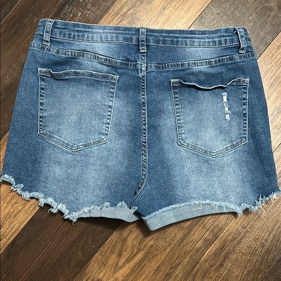 Blue Distressed Jean Shorts with Rolled Hems - Picture 3 of 3
